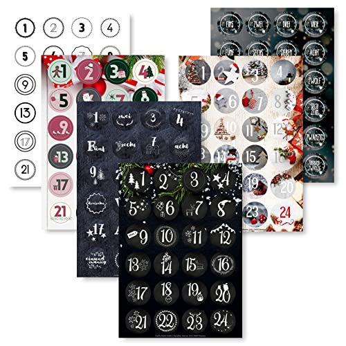 Adventskalender Aufkleber Set (Zahlen 1-24) - 6 x 24 Sticker für Kalender zum selber basteln für Weihnachten - Adventskalenderzahlen Etiketten selbstklebend - Zahlenaufkleber - Nummern Papiertüten von Gentle North