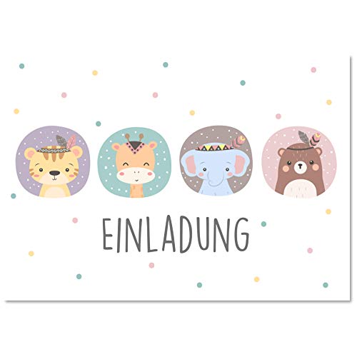 Gentle North 15 x Einladungskarten Kindergeburtstag Tiere - Größe A6 - Coole Einladung zum Geburtstag für Mädchen und Jungen - Witzige Kinder Einladungskarte (Vier Tiere Pastell) von Gentle North