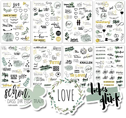 Sticker Hochzeit Gästebuch (4 Bögen) - Vintage Hochzeit Aufkleber für Gästebuch oder Fotoalbum mit viel Liebe - Love Stickers für Scrapbook oder Bullet Journal - Wedding Deko mit Herz - Goldgrün von Gentle North