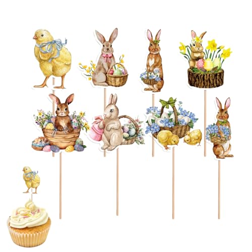 Geonoy -Kuchenaufsätze, Osterhasen-Cupcake-Topper, 8 Stück Cupcake-Hasen-Topper, Papier-Picker, Papier-Kuchenaufsätze, Dessert-Topper für -Dekorationen von Geonoy