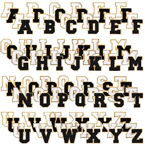 104 Stück Uni Buchstaben Patch Aufbügeln Chenille A-Z Reparatur Alphabet Applikationen Patches Selbstklebende Gestickte Buchstaben Patches mit Golden Rand (Schwarz Weiß, 2,36 Zoll) von Geosar