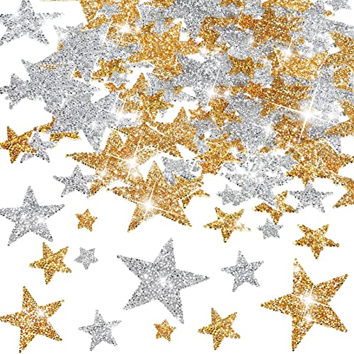 120 Stück Aufbügeln Stern Patches Strass Stern Applikation Glitzer Strass Stern Patches Bling Strass Applikation DIY für Kleider Jeans Reparatur Dekoration in 4 Größen (Silber, Gold) von Geosar