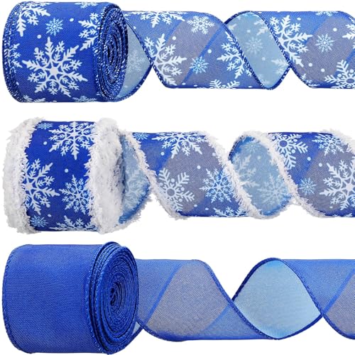 3 Rollen 30 Meter Schneeflocke Drahtband 6,3 cm rustikale Jutebänder Leinen Schneeflockenband Fleece Rand Juteband zum Basteln Weihnachtsbaum Party Geschenkverpackung (blau) von Geosar