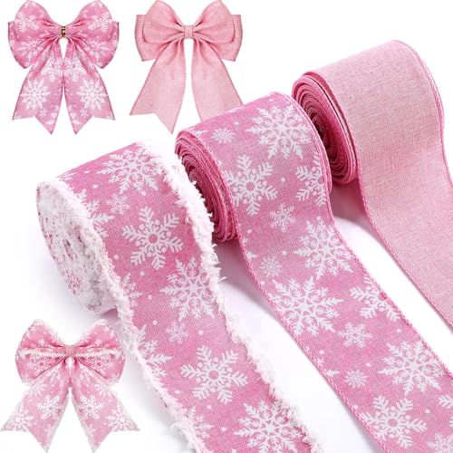 3 Rollen 30 Meter Weihnachtsband Schneeflocke Draht Band 6,3 cm Rustikales Juteband Weihnachtsbaum Bänder Leinen Weihnachtsbaum Band Fleece Rand Juteband für Handwerk Party Geschenkverpackung (Rosa) von Geosar