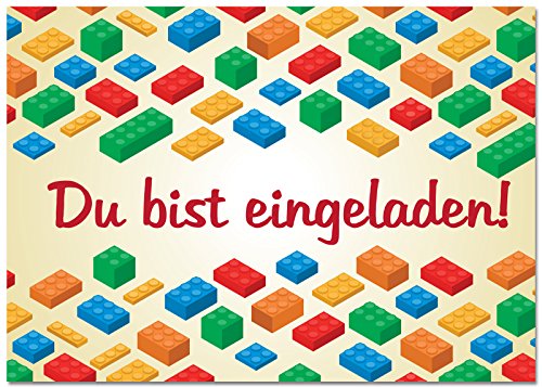 12 Einladungskarten im Set Zum Geburtstag/Kindergeburtstag mit Motiv Building Blocks und Bricks. Einladungen für Jungen und Mädchen mit Bausteinen von Gepard Solutions