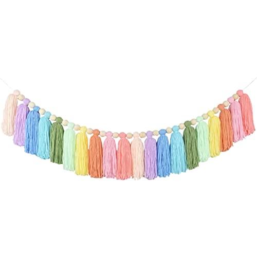 37 Zoll Pastell Regenbogen Quastengirlande Mit Holzperlen, Bunte Boho Quastengirlande, Wandbehang Für Heimdekoration, Hochzeit, Geburtstag, Babyparty, Partyzubehör von Gereton