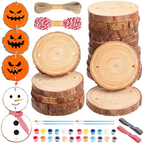 Gerrii 24 Stück unlackierte Holzscheiben mit 2 Löchern, DIY Handwerk Holz Ornament Kit Natürliche Holzscheiben, Acrylfarbe, Jute-Schnur, Bänder für Halloween, Weihnachten, DIY-Dekoration (6,1 - 7,1 von Gerrii