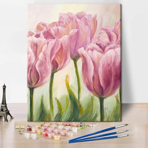 Gerrit Rosa Tulpen, Malen Nach Zahlen Für Erwachsene, Elegantes Malen Nach Zahlen Für Erwachsene, Malen Nach Zahlen-Sets Auf Leinwand, Acryl-Ölgemälde, Malen Mit Pinseln, Rahmenlos(40x50cm) von Gerrit