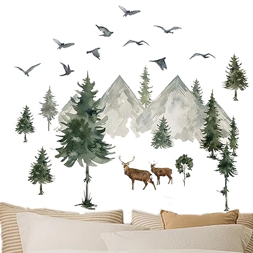 Aquarell-Baum-Wandaufkleber, Aquarell-Berg-Aufkleber, Wald-Kinderzimmer-Dekoration, abziehen und aufkleben, DIY-Baum-Tier-Wandaufkleber für Wohnzimmer, Schlafzimmer, TV-Hintergrund Geruwam von Geruwam