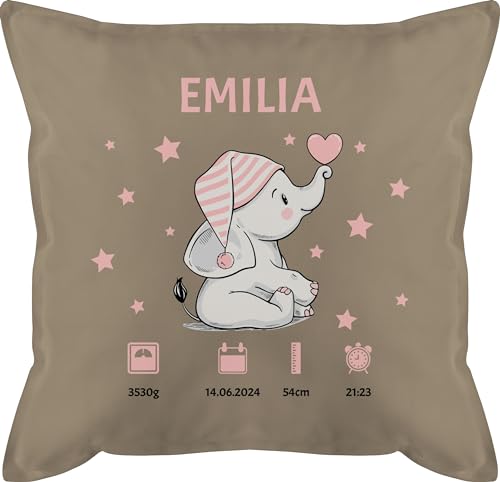 Kissen 50x50 - Elefant Geburtsdaten Geschenk zur Geburt - 50 x 50 cm - Beige - fuellung mädchen namenskissen Baby personalisiertes Geburtsgeschenk Junge personalisierte neugeboren Geschenke von Geschenk mit Namen personalisiert by Shirtracer