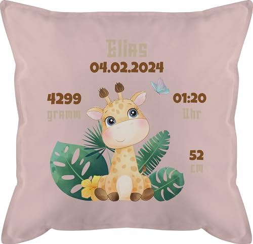 Kissen 50x50 - Zur Geburt - Geburtsgeschenk Giraffe Datum Gewicht Uhrzeit Größe - 50 x 50 cm - Hellrosa - personalisierte Geschenke Baby Name füllung Kissen+Geburt personalisierter neugeborenes von Geschenk mit Namen personalisiert by Shirtracer