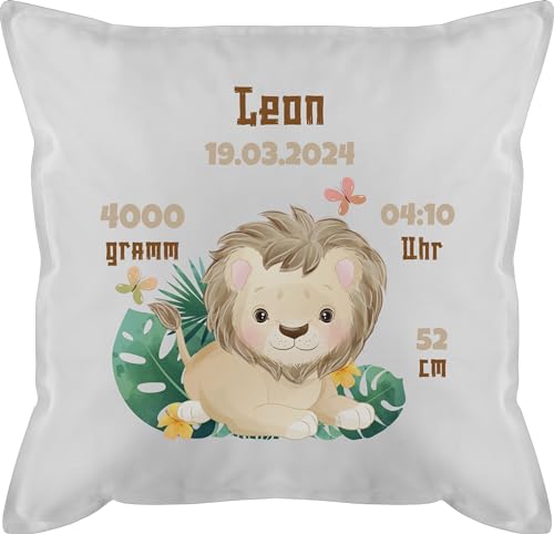 Kissen 50x50 - Zur Geburt - Geburtsgeschenk Löwe Datum Gewicht Uhrzeit Größe - 50 x 50 cm - Weiß - Junge geburtskissen personalisierte Baby und Zeit männerkissen für Neugeborene neugeboren von Geschenk mit Namen personalisiert by Shirtracer