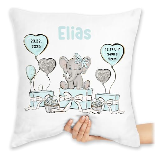 Kissen 40x40 Zierkissen - Baby Geschenk zur Geburt Jungen Elefant personalisiert Name Geburtsdaten Taufe - 40 x 40 cm - Weiß - Daten personalisierte Babygeschenk Geburtsgeschenk Junge geburtskissen von Geschenk mit Namen personalisiert by Shirtracer