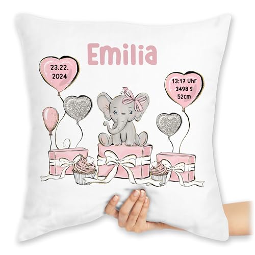 Kissen 40x40 Zierkissen - Baby Geschenk zur Geburt Mädchen Elefant personalisiert Name Geburtsdaten Taufe - 40 x 40 cm - Weiß - personalisierte Babygeschenk Geburtsgeschenk Elefanten geburtskissen von Geschenk mit Namen personalisiert by Shirtracer