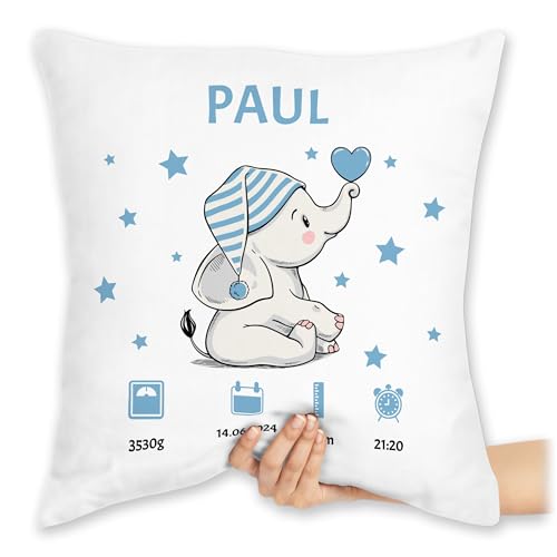 Kissen 40x40 Zierkissen - Elefant Geburtsdaten mit Name Geschenk zur Geburt Geschenkidee I Geldgeschenk zur Geburt - 40 x 40 cm - Weiß - für Baby personalisierte Babygeschenk Geburtsgeschenk von Geschenk mit Namen personalisiert by Shirtracer