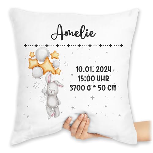 Kissen 40x40 Zierkissen - Zur Geburt - Geburtsgeschenk Hase Datum Uhrzeit Gewicht Größe - 40 x 40 cm - Weiß - geburtskissen Baby personalisierte Babygeschenk neugeboren Name kissenhülle von Geschenk mit Namen personalisiert by Shirtracer