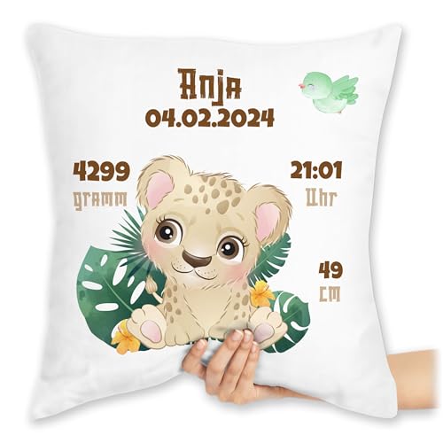 Kissen 40x40 Zierkissen - Zur Geburt - Geburtsgeschenk Löwin Datum Gewicht Uhrzeit Größe - 40 x 40 cm - Weiß - personalisierte Babygeschenk neugeboren Baby geburtskissen Neugeborene Geschenke von Geschenk mit Namen personalisiert by Shirtracer