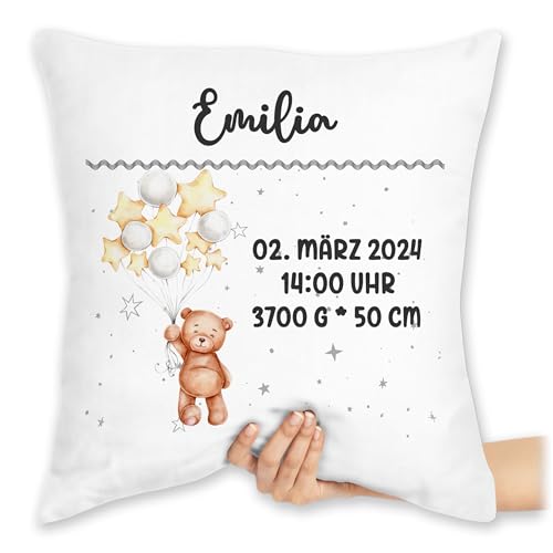 Kissen 40x40 Zierkissen - Geburtsgeschenk Teddy Bär Datum Uhrzeit Gewicht Größe I Geschenk zur Geburt personalisiert - 40 x 40 cm - Weiß - personalisierte Babygeschenk neugeboren geburtsdaten von Geschenk mit Namen personalisiert by Shirtracer