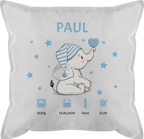 Kissen 50x50 - Elefant Geburtsdaten Geschenk zur Geburt - 50 x 50 cm - Weiß - Geburtsgeschenk geburtskissen personalisierte Baby Neugeborene kopfkissen personalisiertes für neugeboren Daten von Geschenk mit Namen personalisiert by Shirtracer