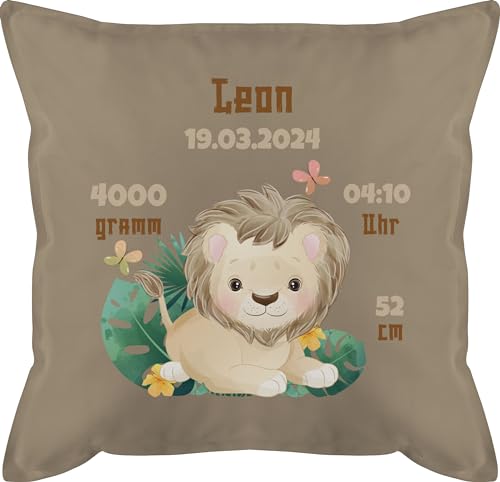 Kissen 50x50 - Zur Geburt - Geburtsgeschenk Löwe Datum Gewicht Uhrzeit Größe - 50 x 50 cm - Beige - personalisierte babygeschenke Baby Schwangerschaft Geschenke füllung von Geschenk mit Namen personalisiert by Shirtracer