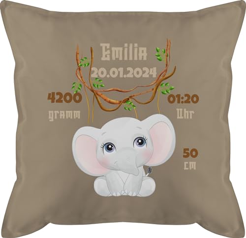 Kissen 50x50 - Zur Geburt - Geburtsgeschenk Elefant Datum Gewicht Uhrzeit Größe - 50 x 50 cm - Beige - Baby Announcement füllung Schwangerschaft Geschenke personalisierte von Geschenk mit Namen personalisiert by Shirtracer