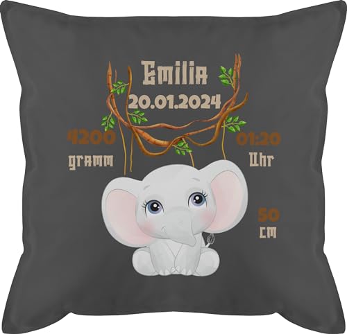 Kissen 50x50 - Zur Geburt - Geburtsgeschenk Elefant Datum Gewicht Uhrzeit Größe - 50 x 50 cm - Grau - namenskissen Baby neugeboren Name kopfkissen personalisierte für Neugeborene von Geschenk mit Namen personalisiert by Shirtracer