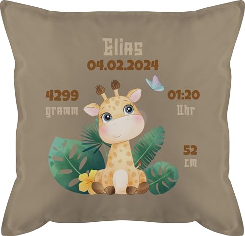 Kissen 50x50 - Zur Geburt - Geburtsgeschenk Giraffe Datum Gewicht Uhrzeit Größe - 50 x 50 cm - Beige - füllung personalisierte babygeschenke Neugeborene Baby Announcement personalisiertes von Geschenk mit Namen personalisiert by Shirtracer