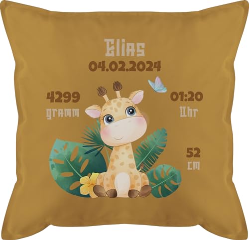 Kissen 50x50 - Zur Geburt - Geburtsgeschenk Giraffe Datum Gewicht Uhrzeit Größe - 50 x 50 cm - Gelb - Schwangerschaft verkünden füllung Baby verkündung personalisierte von Geschenk mit Namen personalisiert by Shirtracer