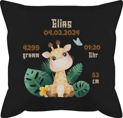 Kissen 50x50 - Zur Geburt - Geburtsgeschenk Giraffe Datum Gewicht Uhrzeit Größe - 50 x 50 cm - Schwarz - geburtsdaten kopfkissen personalisiertes geburtskissen Baby personalisierte Geschenke Name von Geschenk mit Namen personalisiert by Shirtracer