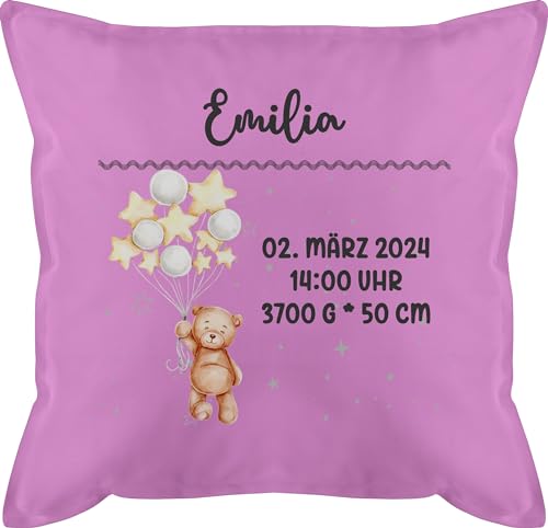 Kissen 50x50 - Zur Geburt - Geburtsgeschenk Teddy Bär Datum Uhrzeit Gewicht Größe - 50 x 50 cm - Pink - personalisierte Baby Geschenke personalisiertes Schwangerschaft verkünden namenskissen von Geschenk mit Namen personalisiert by Shirtracer