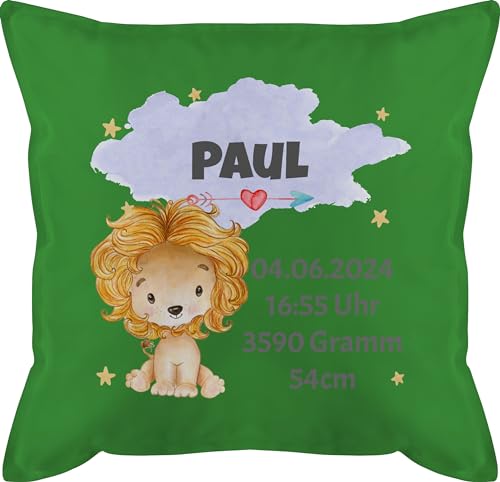 Kissen 50x50 - Zur Geburt - Löwe Geburtsdaten - Junge Datum Gewicht Uhrzeit Größe - 50 x 50 cm - Grün - personalisierte personalisierter neugeborenes Baby geburts Geschenke personalisiertes von Geschenk mit Namen personalisiert by Shirtracer