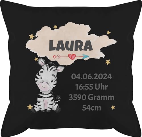 Kissen 50x50 - Zur Geburt - Zebra Geburtsdaten - Mädchen Datum Gewicht Uhrzeit Größe - 50 x 50 cm - Schwarz - personalisiertes geburtskissen Baby personalisierte Geschenke füllung neugeboren von Geschenk mit Namen personalisiert by Shirtracer