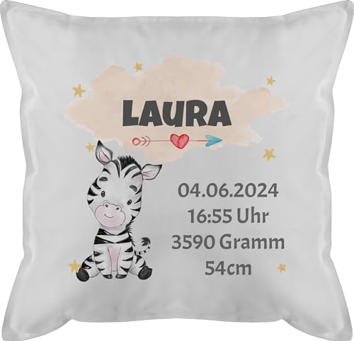 Kissen 50x50 - Zur Geburt - Zebra Geburtsdaten - Mädchen Datum Gewicht Uhrzeit Größe - 50 x 50 cm - Weiß - geburtskissen personalisierte Baby kopfkissen für Neugeborene Geburtsgeschenk füllung von Geschenk mit Namen personalisiert by Shirtracer