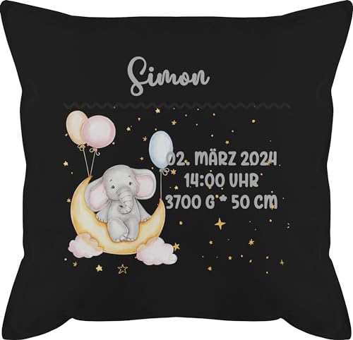 Kissen 50x50 - Zur Geburt - Geburtsgeschenk Elefant Datum Uhrzeit Gewicht Größe - 50 x 50 cm - Schwarz - personalisiertes geburtskissen personalisierte Baby füllung Geschenke für Neugeborene von Geschenk mit Namen personalisiert by Shirtracer