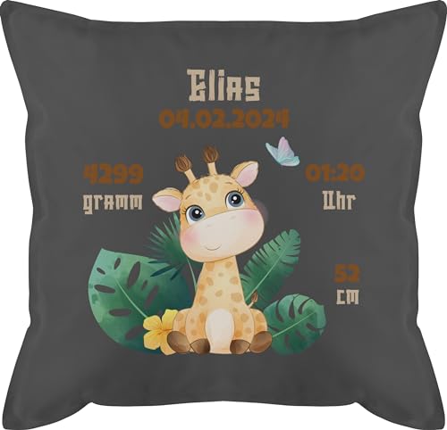 Kissen 50x50 - Geburtsgeschenk Giraffe personalisiert Datum Gewicht Uhrzeit Größe I Geschenk zur Geburt - 50 x 50 cm - Grau - personalisiertes geburtskissen personalisierte Baby Giraffen von Geschenk mit Namen personalisiert by Shirtracer