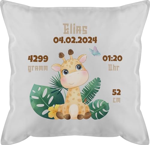 Kissen 50x50 - Zur Geburt - Geburtsgeschenk Giraffe Datum Gewicht Uhrzeit Größe - 50 x 50 cm - Weiß - geburtskissen personalisierte Baby Giraffen Kissenbezug für Neugeborene neugeboren von Geschenk mit Namen personalisiert by Shirtracer