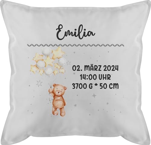 Kissen 50x50 - Zur Geburt - Geburtsgeschenk Teddy Bär Datum Uhrzeit Gewicht Größe - 50 x 50 cm - Weiß - baby neugeborene geburtskissen neugeboren geburtsdaten kissenbezug für von Geschenk mit Namen personalisiert by Shirtracer