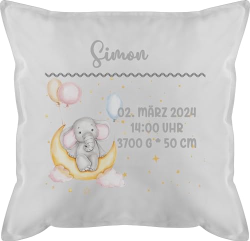 Kissen 50x50 - Zur Geburt - Geburtsgeschenk Elefant Datum Uhrzeit Gewicht Größe - 50 x 50 cm - Weiß - personalisierte Geschenke Baby geburtskissen neugeboren Elefanten kopfkissen mädchen von Geschenk mit Namen personalisiert by Shirtracer