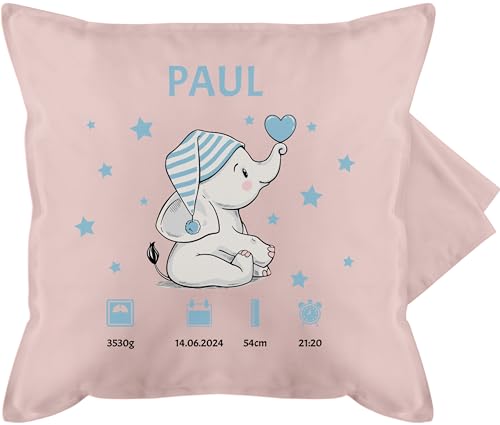 Kissenbezug - Elefant Geburtsdaten Geschenk zur Geburt - 50 x 50 cm - Hellrosa - personalisierte Kissen Baby mädchen Geschenke Neugeborene Junge Geburtsgeschenk kissenhülle babykissen von Geschenk mit Namen personalisiert by Shirtracer