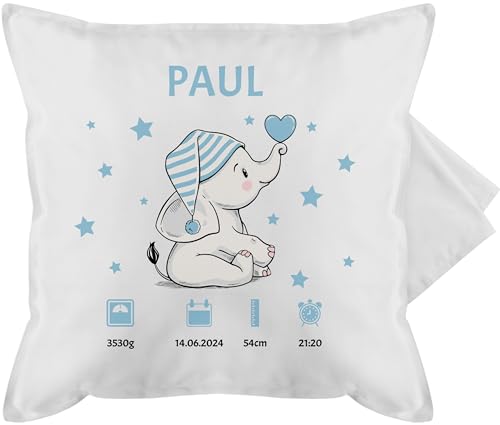 Kissenbezug - Elefant Geburtsdaten Geschenk zur Geburt - 50 x 50 cm - Weiß - Baby personalisierte Geschenke Kissen babykissen Neugeborene neugeborenen kissenhüllen personalisierter neugeborenes von Geschenk mit Namen personalisiert by Shirtracer