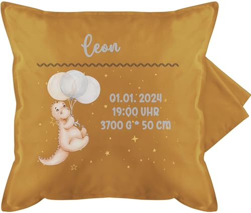 Kissenbezug - Zur Geburt - Geburtsgeschenk Dino Dinosaurier Datum Uhrzeit Gewicht Größe - 50 x 50 cm - Gelb - Geschenke Neugeborene Junge personalisierte babygeschenke geburtskissen von Geschenk mit Namen personalisiert by Shirtracer