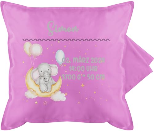 Kissenbezug - Zur Geburt - Geburtsgeschenk Elefant Datum Uhrzeit Gewicht Größe - 50 x 50 cm - Pink - personalisierte Baby Geschenke babykissen Neugeborene Schwangerschaft personalisierter von Geschenk mit Namen personalisiert by Shirtracer