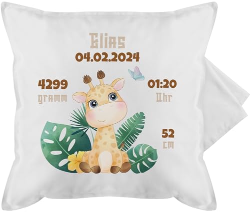 Kissenbezug - Zur Geburt - Geburtsgeschenk Giraffe Datum Gewicht Uhrzeit Größe - 50 x 50 cm - Weiß - personalisierte Geschenke Baby Name Kissen Neugeborene neugeborenen kissenhülle für von Geschenk mit Namen personalisiert by Shirtracer