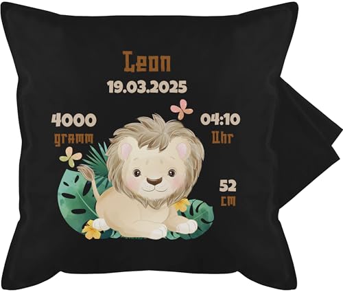 Kissenbezug - Zur Geburt - Geburtsgeschenk Löwe Datum Gewicht Uhrzeit Größe - 50 x 50 cm - Schwarz - Kissen für Neugeborene Baby personalisierte Geschenke kissenhüllen geburtskissen von Geschenk mit Namen personalisiert by Shirtracer