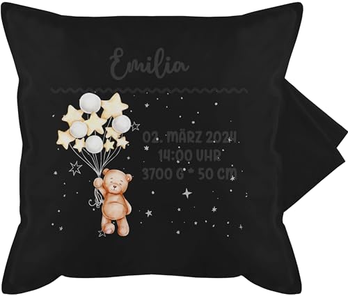 Kissenbezug - Zur Geburt - Geburtsgeschenk Teddy Bär Datum Uhrzeit Gewicht Größe - 50 x 50 cm - Schwarz - personalisiertes Kissen Baby neugeboren geburtsdaten kissenhülle von Geschenk mit Namen personalisiert by Shirtracer