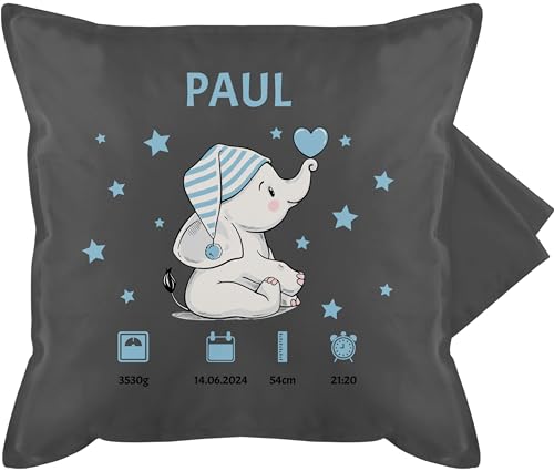 Kissenbezug - Elefant Geburtsdaten Geschenk zur Geburt - 50 x 50 cm - Grau - personalisierte Baby Kissen Geschenke Neugeborene personalisiertes Geburtsgeschenk kissenhülle für von Geschenk mit Namen personalisiert by Shirtracer