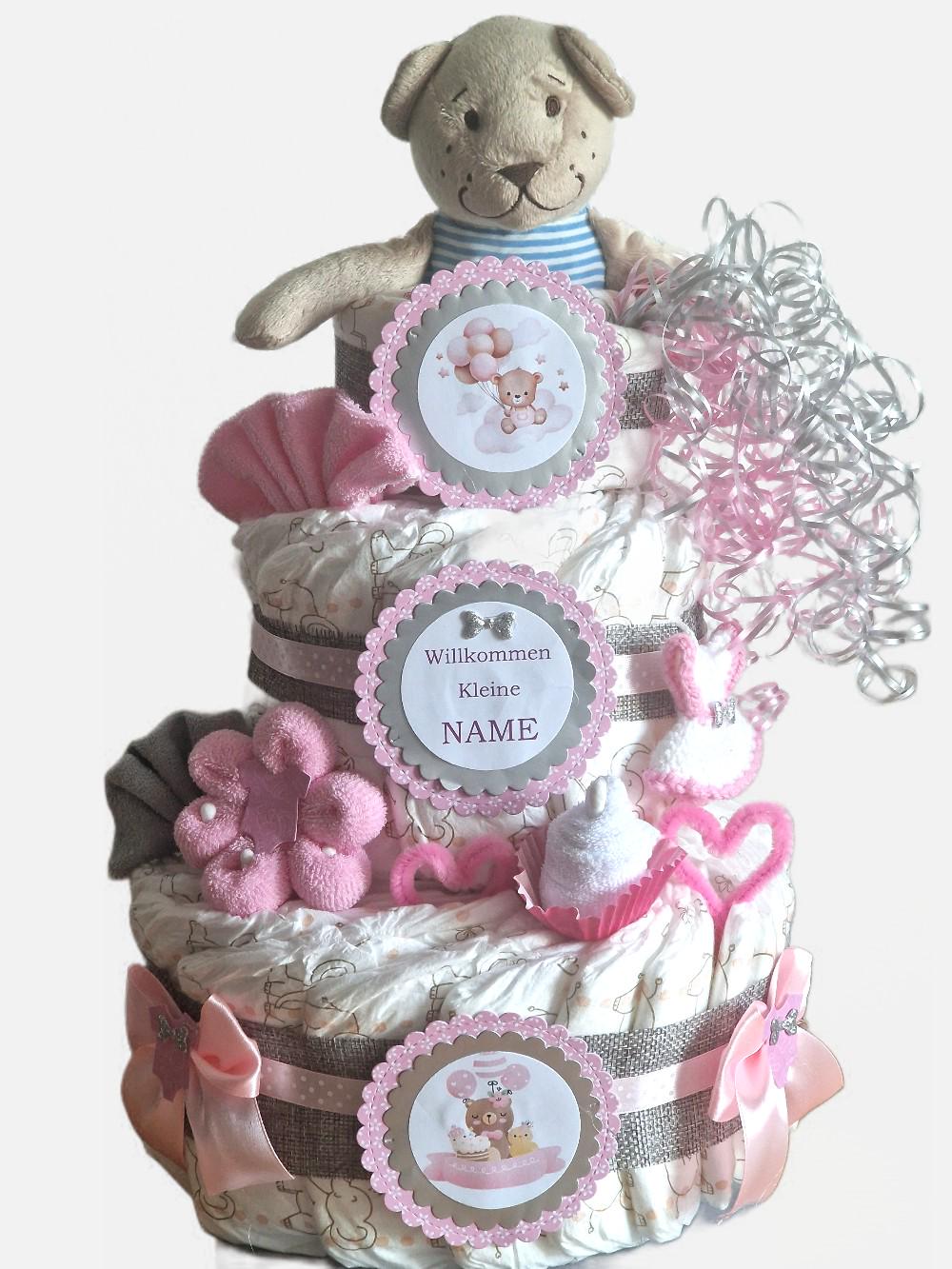 Windeltorte Rosa/Weiss Für Mädchen Personalisiert Mit Namen Taufe Geburt Jute Kuschelbärchen Schlüsselanhänger Kleidchen von GeschenkeEckle