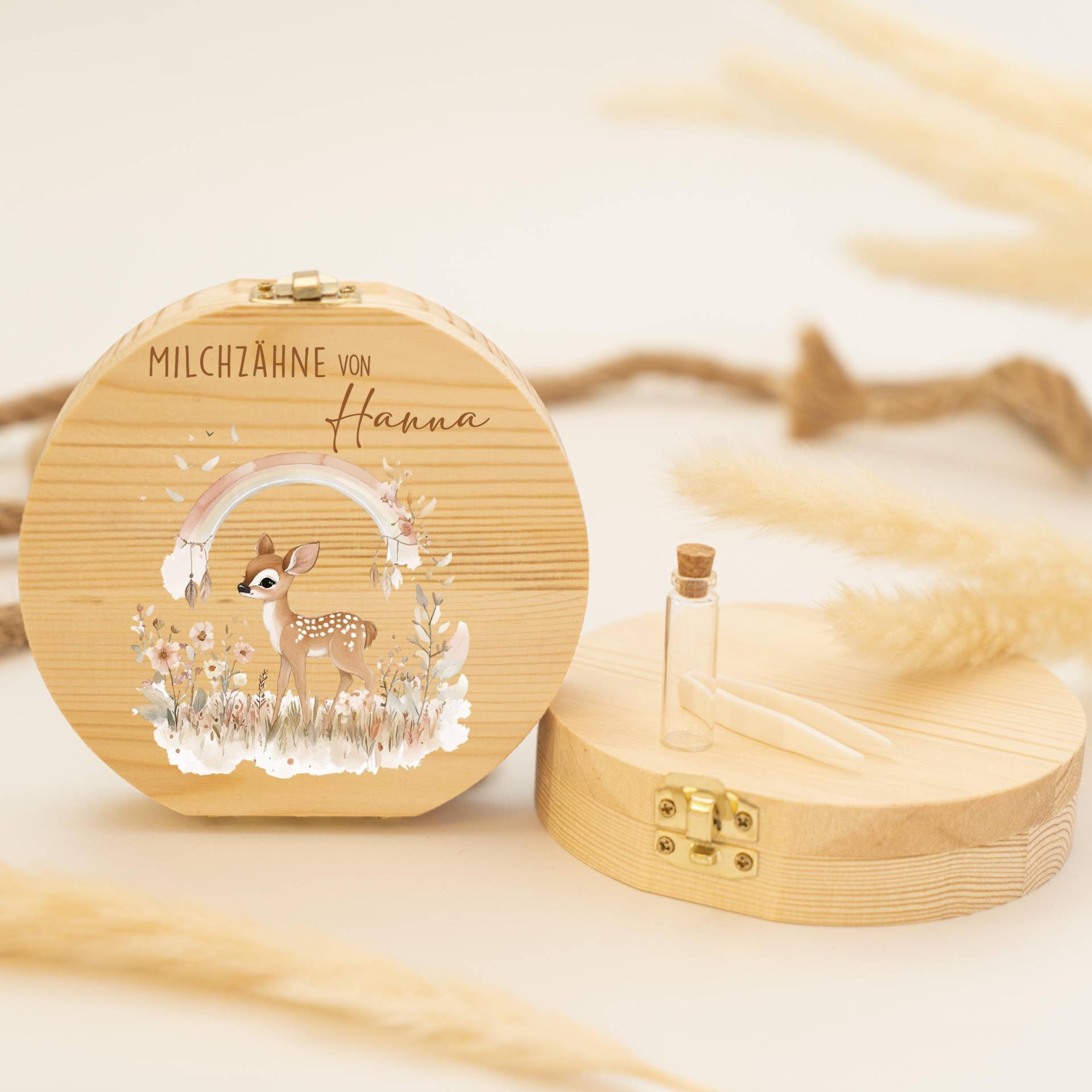 Personalisierte Zahndose Baby Reh Mit Regenbogen | Holz Erinnerungsbox Für Milchzähne Geschenk Zur Taufe & Geburt, Milchzähne, Zahnfee von GeschenkeFabrikShop