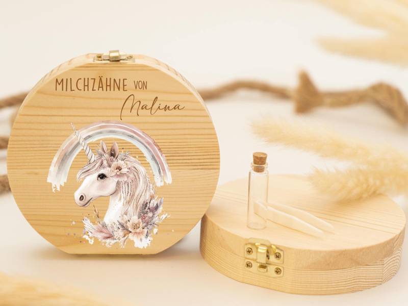 Personalisierte Zahndose Einhorn Mit Regenbogen | Holz Erinnerungsbox Für Milchzähne Geschenk Zur Taufe & Geburt, Milchzähne, Zahnfee von GeschenkeFabrikShop