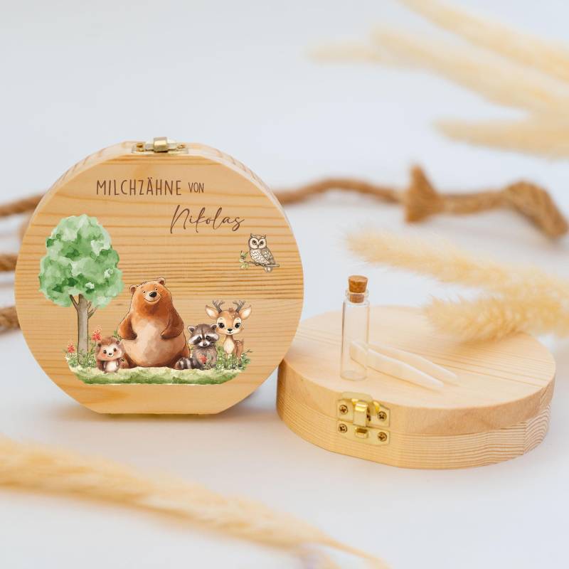 Personalisierte Zahndose Mit Waldtier-Motiv | Holz Erinnerungsbox Für Milchzähne Geschenk Zur Taufe & Geburt, Milchzähne, Zahnfee von GeschenkeFabrikShop